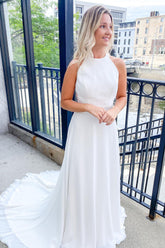 Classy Long A-line Halter Open Back Satin Wedding Dress
