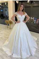 Classy Long A-Line Off-the-Shoulder Appliques Lace Backless Wedding Dress