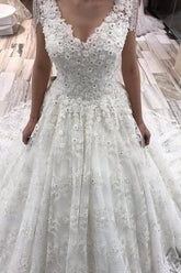 Classy Long A-Line V-neck Appliques Lace Crystal Wedding Dress