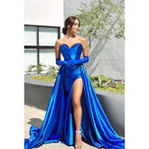 Vestido de fiesta de noche con escote en forma de corazón, sin mangas, con abertura lateral y alta costura adornada