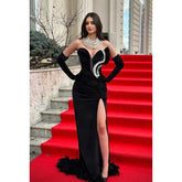 Vestido de fiesta de noche con escote en V, sin mangas, corte sirena, abertura lateral y perlas, de alta costura y ornamentado.