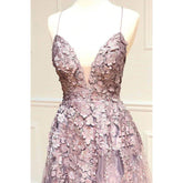 Vestido de fiesta largo con tirantes cruzados, elegante, de encaje 3D, escote en V, corte A, vestido formal de noche