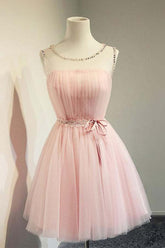 Robe de bal courte rose en tulle, coupe trapèze, col rond, PD131