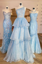 Princess A Line One Shoulder Blue Corset Prom Dress with Ruffles