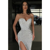 Vestido de fiesta tubo/columna con escote en forma de corazón, brillante y abertura