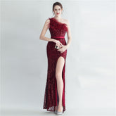 Heavy Industry Ostrich Hair Craft Bundle Hair Evening Dress with Oblique Shoulder Slit