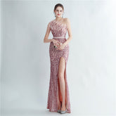 Heavy Industry Ostrich Hair Craft Beading Evening Dress with Side Slit