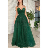 Vestido de fiesta largo verde brillante con lentejuelas y tirantes finos para mujer con bolsillos