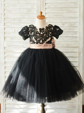 Elegant Black Lace and Tulle Sequin Waist Knee-length Girl Dress