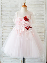 A-line 1/2 Sleeves Lace Tulle Knee-length 3D Flower Girl Dresses