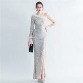 Craft Ostrich Feather Diagonal Shoulder Roman Collar Evening Dress