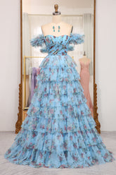 Charming A Line Off the Shoulder Blue Printed Long Prom Dress with Ruffles