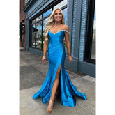Sheath/column Off-shoulder Beaded Royal Blue Satin Long Prom Dress