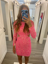 Vestido corto de fiesta rosa brillante con lentejuelas, ideal para baile de bienvenida o como vestido de fiesta Y445