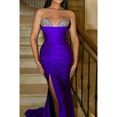 Vestido de noche para fiesta, graduación, escote corazón, sin tirantes, plisado, con cuentas y abertura lateral