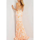 Vestido de noche largo con escote en V, tirantes finos, estampado floral y lentejuelas