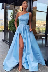 A Line Strapless Blue Long Prom Dress with Slit