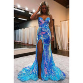 Vestido de fiesta sexy con escote en V, lentejuelas y brillantes con abertura