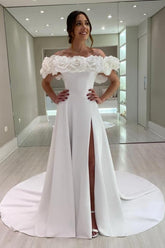 Designer A-Line Satin Off-The-Shoulder Sleeveless White Wedding Dresses With Split
