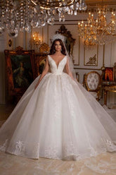 Designer Long A-line V-Neck Sleeveless Appliques Wedding Dress With Lace