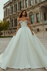 Designer White A-line Off-the-shoulder Wedding Dress With Pearls