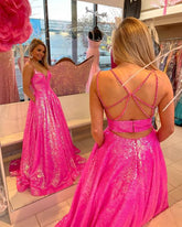Robe de bal longue rose fuchsia à sequins et perles, col en V, Y1483