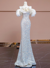 Vestido de fiesta de lujo plateado con lentejuelas y pedrería estilo sirena, vestido de noche formal Y7614