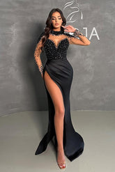 Long Sleeves Black Mermaid Evening Dress High Split With Beads