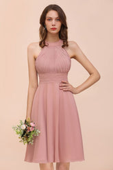 Dusty Pink Knee Length Bridesmaid Dress Halter Chiffon Maid of Honor Dress