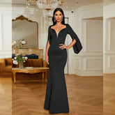 Elegant Sexy Long Sleeved V Neck Knitted Evening Dress for Women