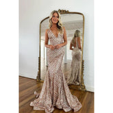 Vestido de noche largo de sirena con lentejuelas, sin mangas y cuello en V, para fiesta de graduación