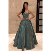 Vestido de fiesta con tirantes finos, escote en V, corte A, color pargeant brillante