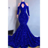 Robe de bal noire unique à col haut et manches longues, paillettes scintillantes, pour un look stylé