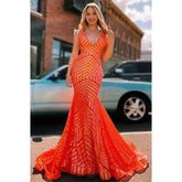 Vestido de noche largo de sirena con lentejuelas, sin mangas y escote en V y cola larga