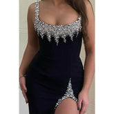 Vestido de noche sexy ajustado con cuentas cuadradas y abertura lateral para fiesta de graduación