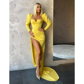 Vestido de noche formal largo con abertura y mangas largas y escote en V sexy