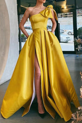 A Line One Shoulder Yellow Long Prom Dress with Split Front