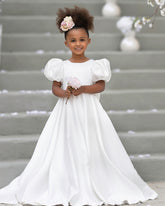 Puff Sleeve Bow Button Back Sweep Train Flower Girl Dress