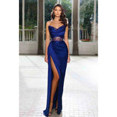 Vestido de noche largo de satén fruncido con cuentas, sin mangas y escote en V, sin tirantes