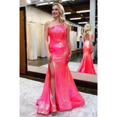 Robe de bal unique à une épaule, paillettes scintillantes et fente