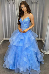 A Line Spaghetti Straps Blue Long Prom Dress with Appliques