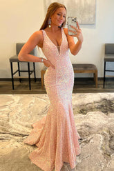 Robe de bal longue sirène rose à sequins et décolleté plongeant en V