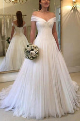 Elegant A-line Off the Shoulder Tulle Ivory Long Wedding Dresses WD326