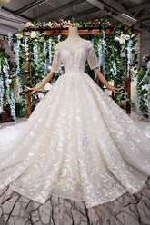 Elegant Half Sleeves Ball Gown Lace Sweetheart Wedding Dress WD379