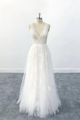Elegant Long A-line V-neck Appliques Tulle Backless Wedding Dress
