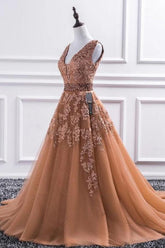 Elegant Long A-line V-neck Tulle Lace Prom Dress