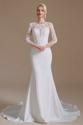 Elegant Long Mermaid Jewel Satin Lace Wedding Dress with Sleeves