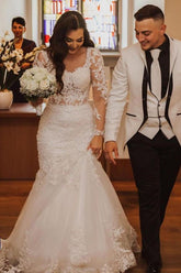 Elegant Long Mermaid Lace Open Back Wedding dresses with Sleeves