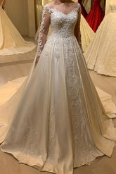Elegant Long Sleeve A-Line Sweetheart Appliques Lace Pearl Satin Wedding Dress