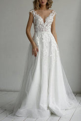 Elegant V-Neck A-Line Sleeveless Wedding Dresses With Lace